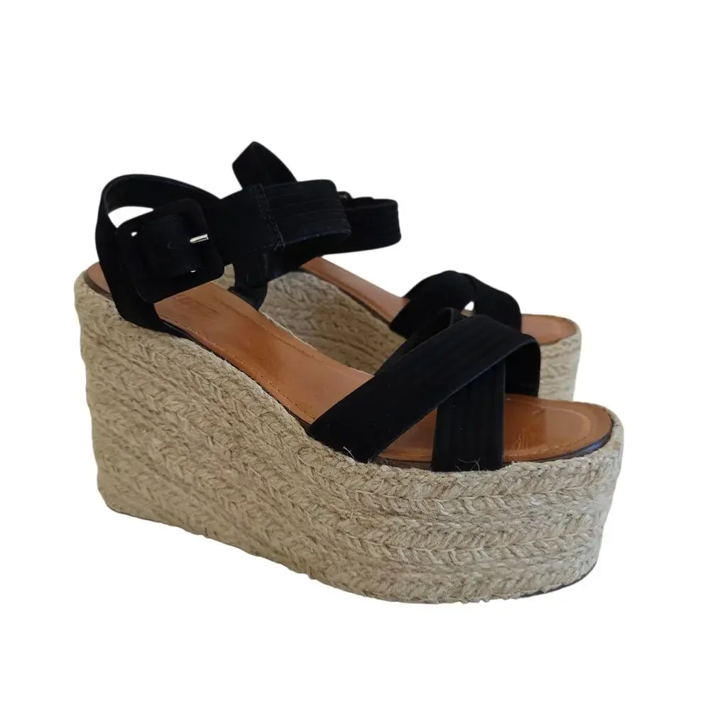 Schutz Blisse Size 9.5 Black & Tan Suede Platform Jute Espadrille Wedge Sandals